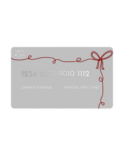 Load image into Gallery viewer, Silver/Gray gift card with red decorative elements and a faux serial number on a white background

